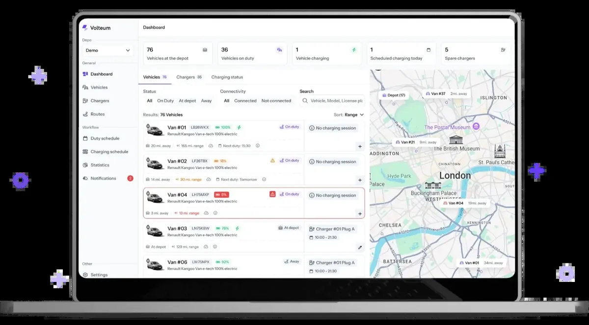 Interface du logiciel Volteum : suivi d'une flotte, état de charge des véhicules et connexion par code VIN